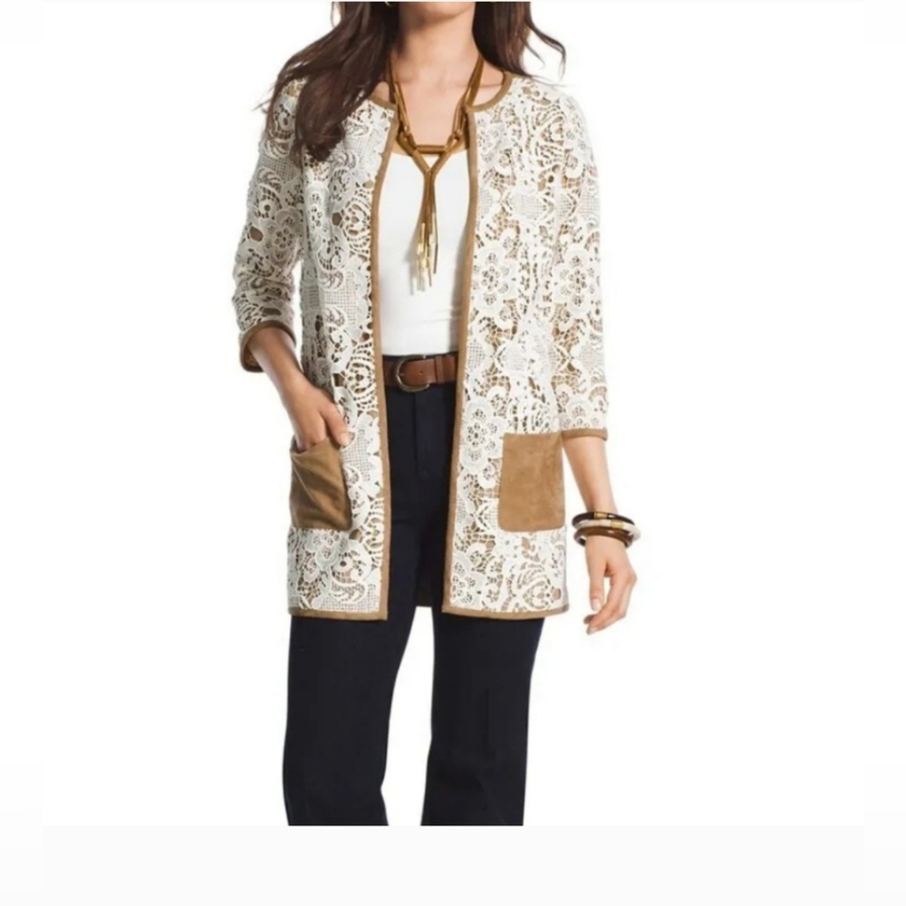 Chicos Womens Open Front Jacket Beige Floral lace with Pockets size 4 XL